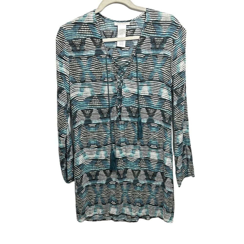 La Blanca Women Size XS Tunic Multicolor Cover Up Blouse Shirt Tassel Semi Sheer